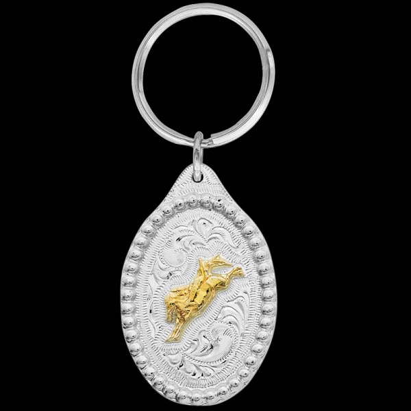 Gold Bareback Bronc, Tame your inner cowboy with our Barebac Bronc rider keychain. This keychain includes a beautiful beaded border, a Bronc Riding 3D figure, and a k